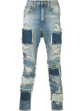 patched frayed cropped jeans