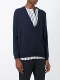 layered striped V-neck pullover