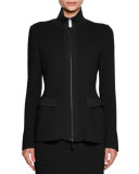 Ottoman Knit Flap-Pocket Zip Jacket, Black