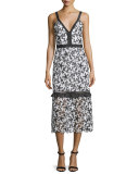 Sleeveless Floral Lace Midi Dress, Black/White