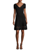 Short-Sleeve Scalloped Eyelet-Trim Dress, Black