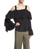 Cold-Shoulder Silk Ruffle Top, Black