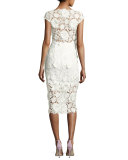 Mari Cap-Sleeve 3D Floral Cocktail Dress, White