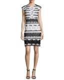 Cap-Sleeve Striped Guipure Lace Cocktail Dress, Black/White