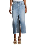 Long Denim Skirt with Front Slit, Indigo