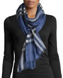 Gauze Giant Check Scarf, Thistle Blue