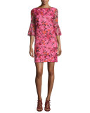 3/4-Sleeve Floral Silk Shift Dress, Pink