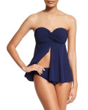 Underwire Bandeau Split-Front Tankini Swim Top, Navy
