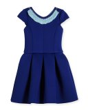 Cap-Sleeve Pleated Fit-and-Flare Ponte Dress, Blue, Size 7-16