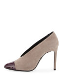 Suede Cap-Toe 105mm V-Neck Pump, Gray/Aubergine