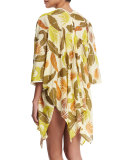 Rain-Kissed Leaves Open-Front Kimono Coverup, Multi Colors