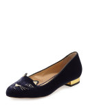 Kitty Velvet Cat-Embroidered Flat, Navy/Gold