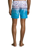 Bulldog Beached Print Swim Trunks, Blue Pattern