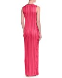 Sleeveless V-Neck Pleated Knit Gown, Fuchsia