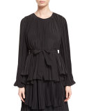 Bell-Sleeve Belted Plisse Blouse, Black