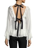 Amina Tie-Back Silk Ruffle Blouse, Ivory/Black