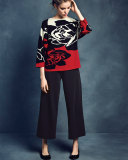 3/4-Sleeve Rose Intarsia Sweater
