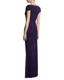 Cap-Sleeve Ruched Sweetheart Gown, Plum