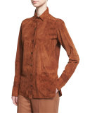 Long-Sleeve Suede Button-Front Shirt, Dark Orange