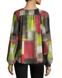 Cubism Ruched-Neck Printed Blouse, Multi 