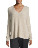 Ribbed Wool/Cashmere-Blend V-Neck Sweater, Light Heather Marzipan