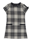 Cap-Sleeve Plaid Velvet-Trim Shift Dress, Black/White, Size 4-6X