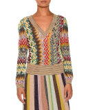 Banded-Trim V-Neck Pullover Sweater, Multi