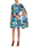 Sleeveless Floral Silk Cape Dress