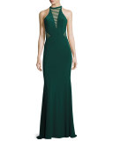 Sleeveless Striped Illusion Stretch Jersey Gown, Hunter