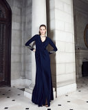 Beaded-Cuff Surplice Jersey Gown, Navy