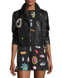 Leather Moto Jacket w/ Pearly Beaded Heart, Black