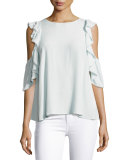 Monsoon Cold-Shoulder Ruffle Top, Light Blue