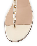 Rockstud Metallic Ankle-Wrap Thong Sandal, Platino