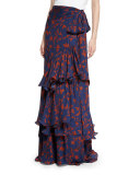 Laeta Floral Tiered Maxi Skirt, Navy/Burgundy