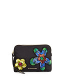 Large Floral-Embellished Zip Pouch Bag, Black