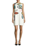 Sleeveless Fantasy-Print Shift Dress, White