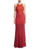 Sleeveless Ombre Sequin Gown, Red/Multicolor