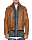 Studded Zip-Up Leather Jacket, Camel