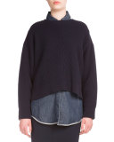 Side-Zip Ribbed Cropped Sweater, Navy