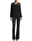 Phoebe Long-Sleeve Tasseled Lace-Yoke Silk Blouse, Black