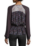 Long-Sleeve Floral Silk Blouse, Midnight/Multicolor