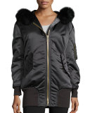 Avonshire Long Satin Bomber Jacket W/ Fur Hood 