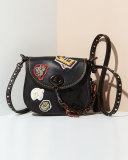 17 Varsity-Patch Leather Saddle Bag, Black