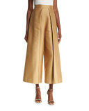 Aria Cropped Satin Twill Wide-Leg Trousers, Tan