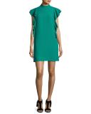 flutter-sleeve satin crepe shift dress, emerald ring