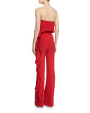 Strapless Ruffled Crepe Jumpsuit, Lipstick