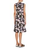 Sleeveless Whisper-Print Dress, Dark Olive