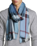 Lightweight Cashmere-Blend Mega-Check Scarf, Blue