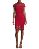 Short-Sleeve Lace Illusion Cocktail Dress, Deep Red