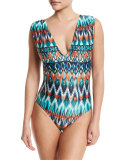 V-Neck Low-Back Maillot One-Piece Swimsuit, Ikat